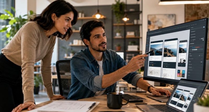 Dos profesionales revisan un diseño web adaptable en una oficina moderna